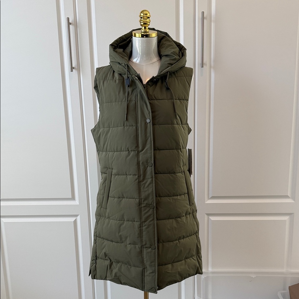 Olive Green Hooded Quilted Long Puffer Vest